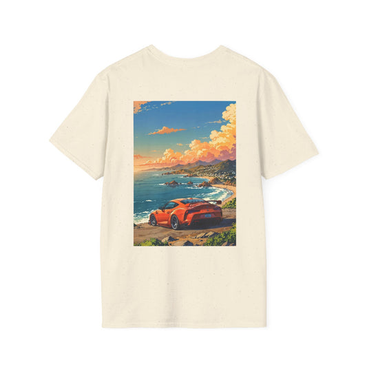 Coastal Drive Graphic Toyota T-Shirt — Sunset Sports Car Beach Scene