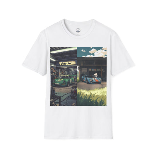 Porsche Garage Split-Scene T-Shirt — Vintage Race Car Art Tee