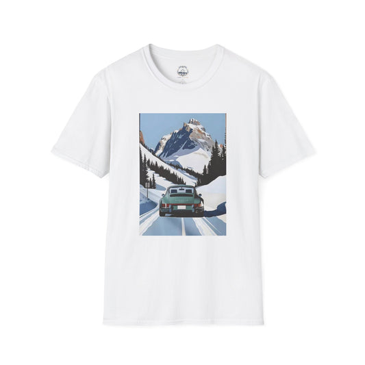 Vintage Mountain Road Trip T-Shirt | Scenic Winter Car Print